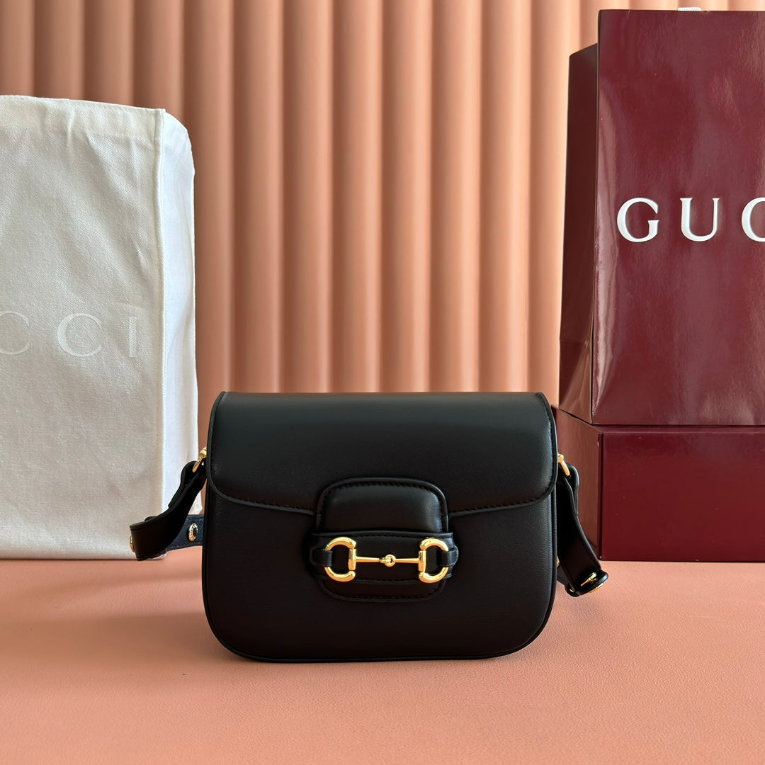 GUCCI 25S HORSEBIT 1955 MINI BAG 20 CM IN BLACK CALFSKIN WITH GOLD HARDWARE