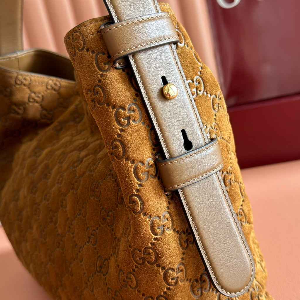 GUCCI 25S BEATRIX BAG 35 IN BROWN SUEDE WITH GOLD HARDWARE