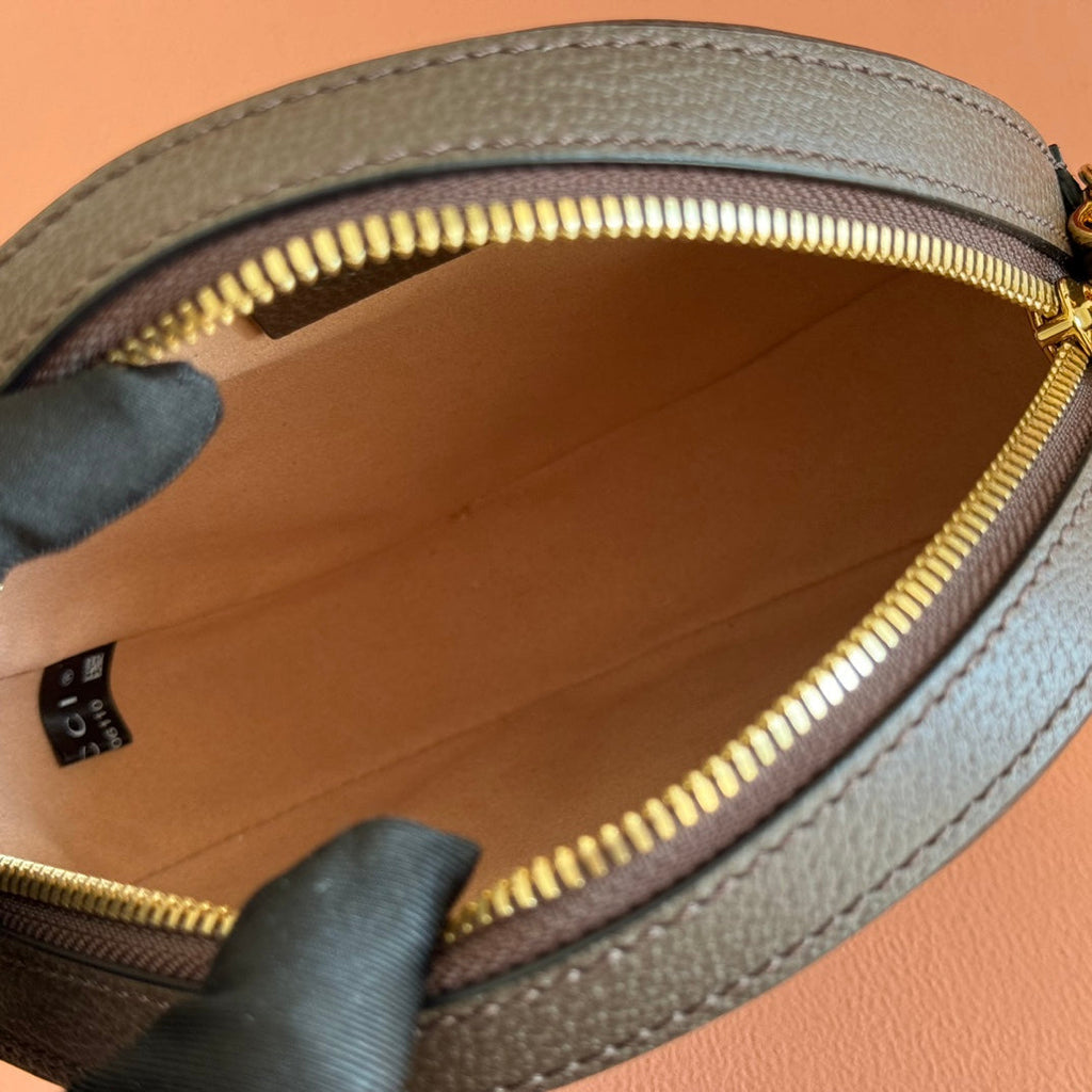 GUCCI 25S OPHIDIA MINI ROUND SHOULDER BAG 18 CM IN DARK BEIGE AND BROWN CALFSKIN