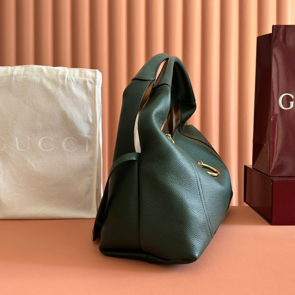 GUCCI 25S HANDBAG 46 CM IN DARK GREEN CALFSKIN WITH GOLD HARDWARE