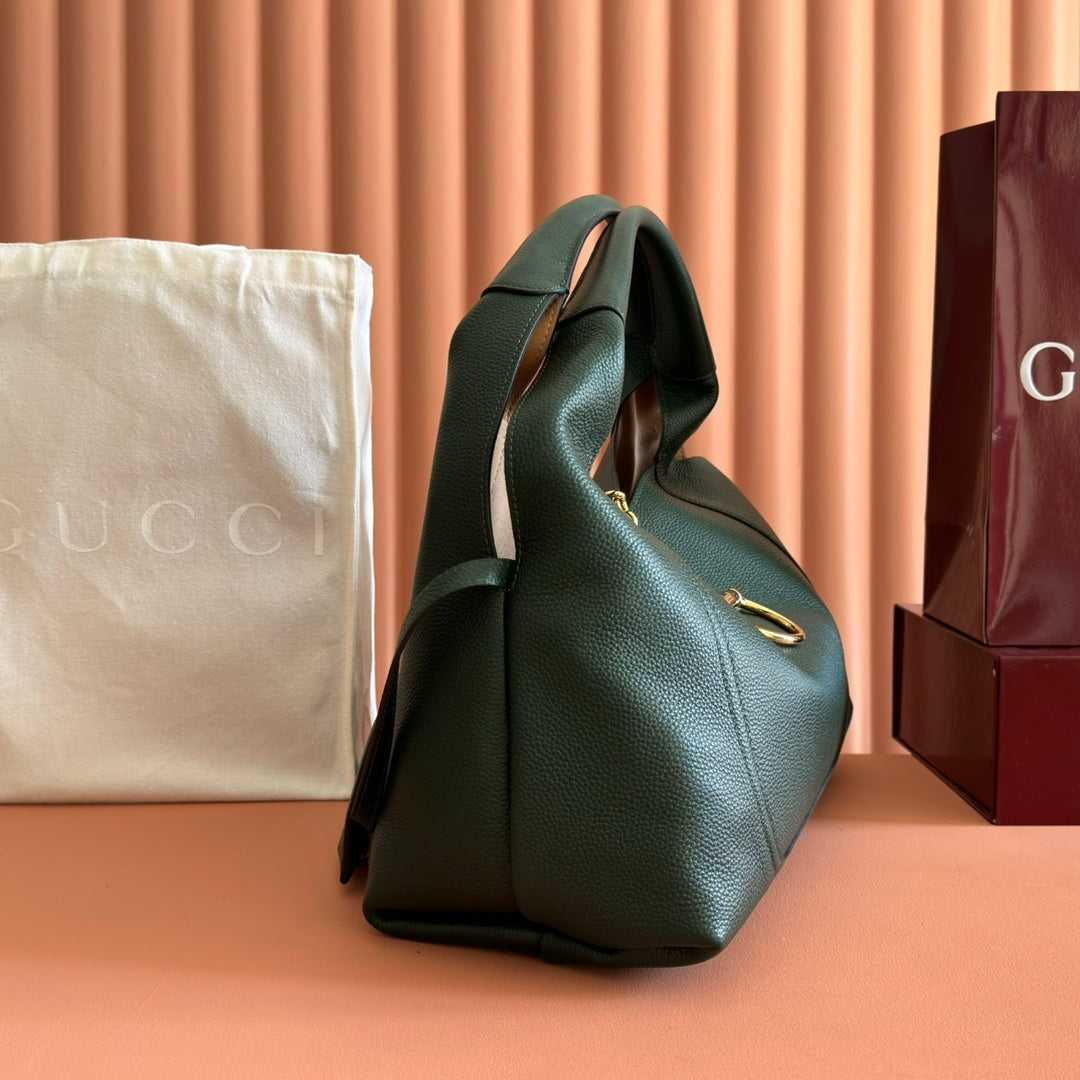 GUCCI 25S HANDBAG 46 CM IN DARK GREEN CALFSKIN WITH GOLD HARDWARE