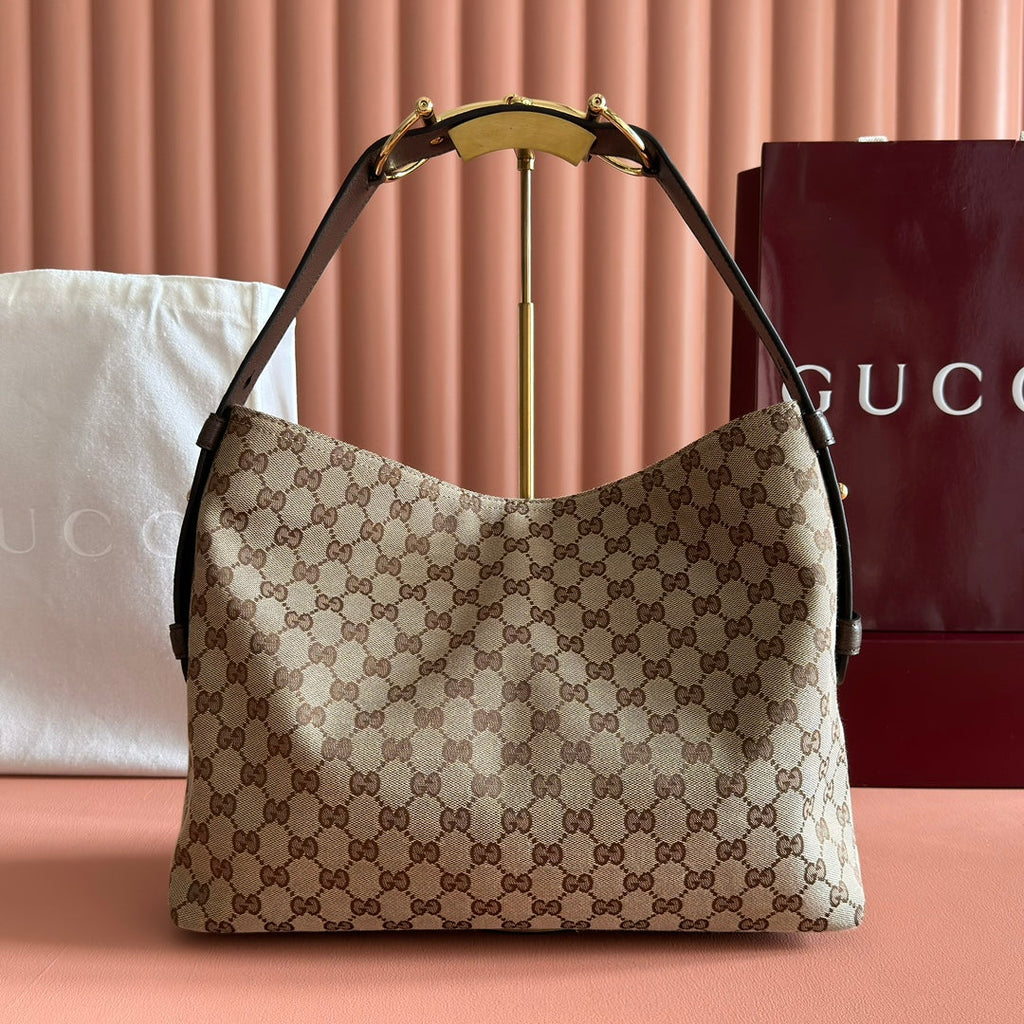 GUCCI 25S BEATRIX LARGE TOTE BAG 35 CM IN DARK BEIGE AND BROWN CANVAS
