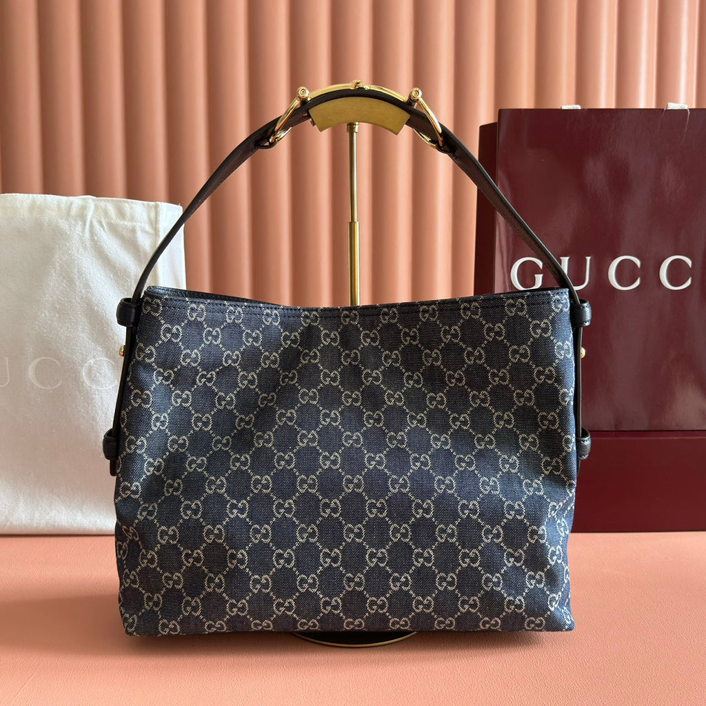 GUCCI 25S BEATRIX LARGE TOTE BAG 35 CM IN SLATE BLUE-GRAY CANVAS