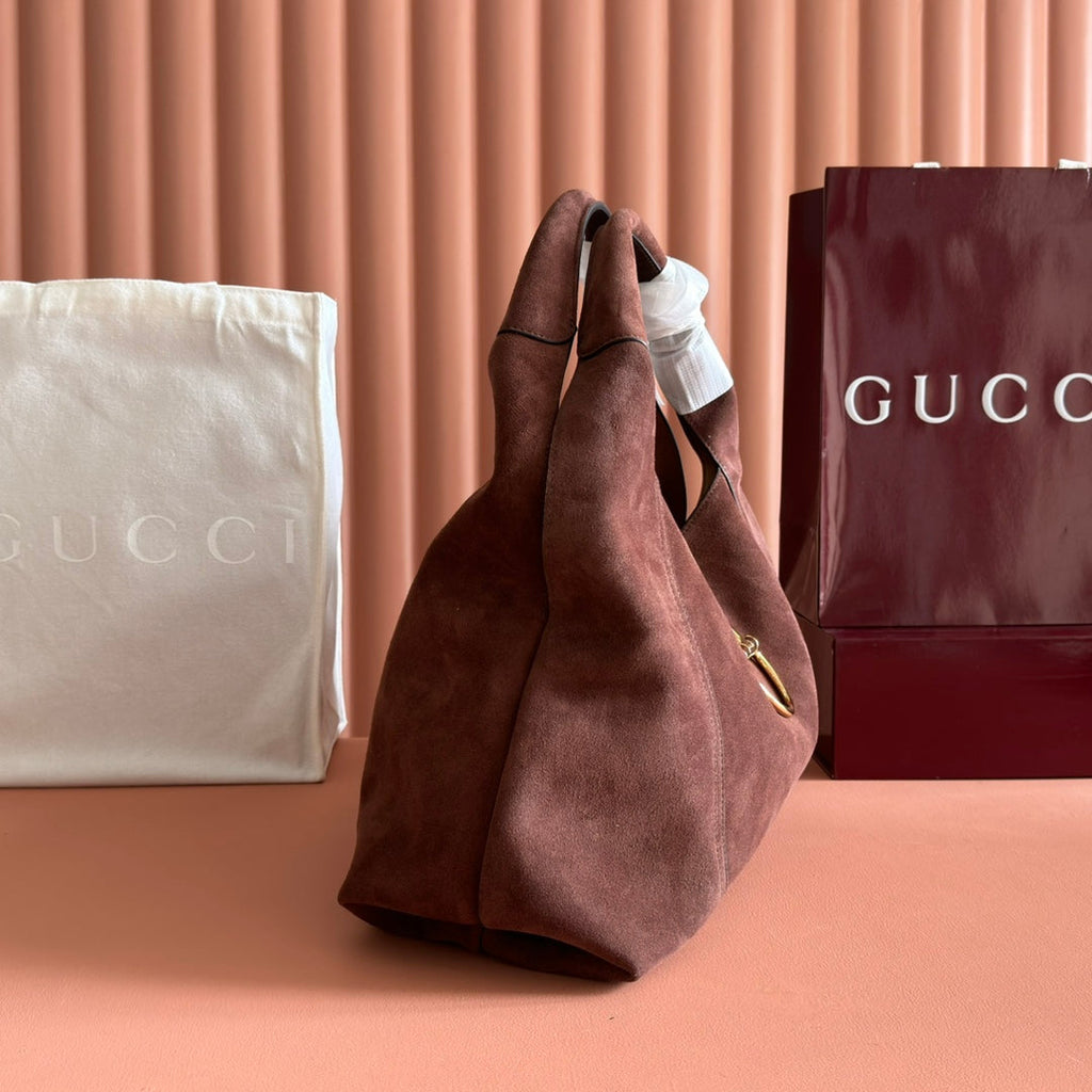 GUCCI 25S HANDBAG 46 CM IN DARK CACAO BROWN SUEDE WITH GOLD HARDWARE