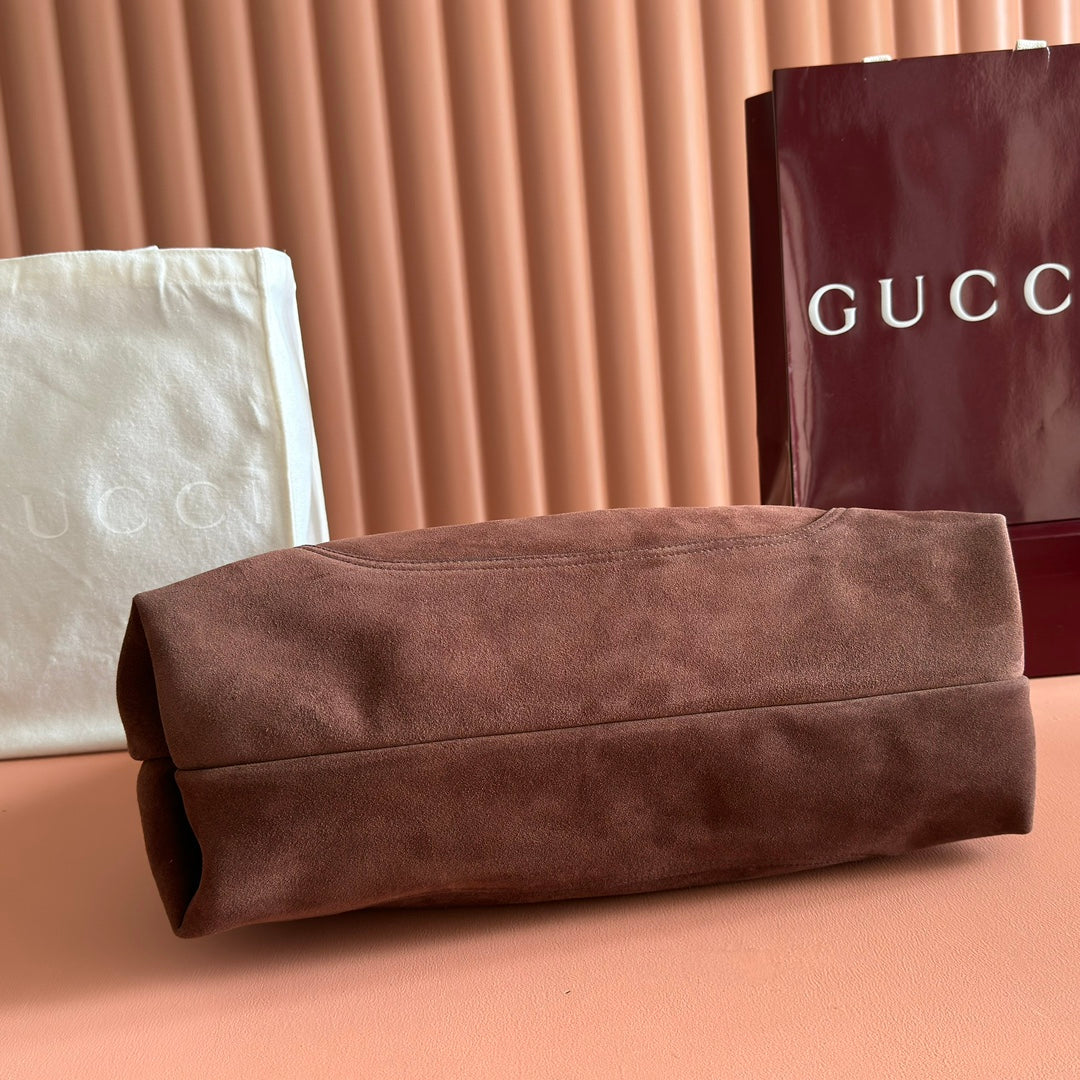 GUCCI 25S HANDBAG 46 CM IN DARK CACAO BROWN SUEDE WITH GOLD HARDWARE