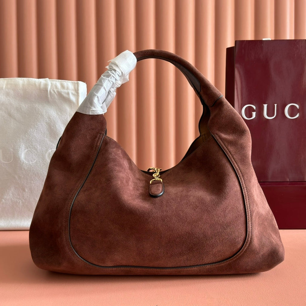 GUCCI 25S HANDBAG 46 CM IN DARK CACAO BROWN SUEDE WITH GOLD HARDWARE