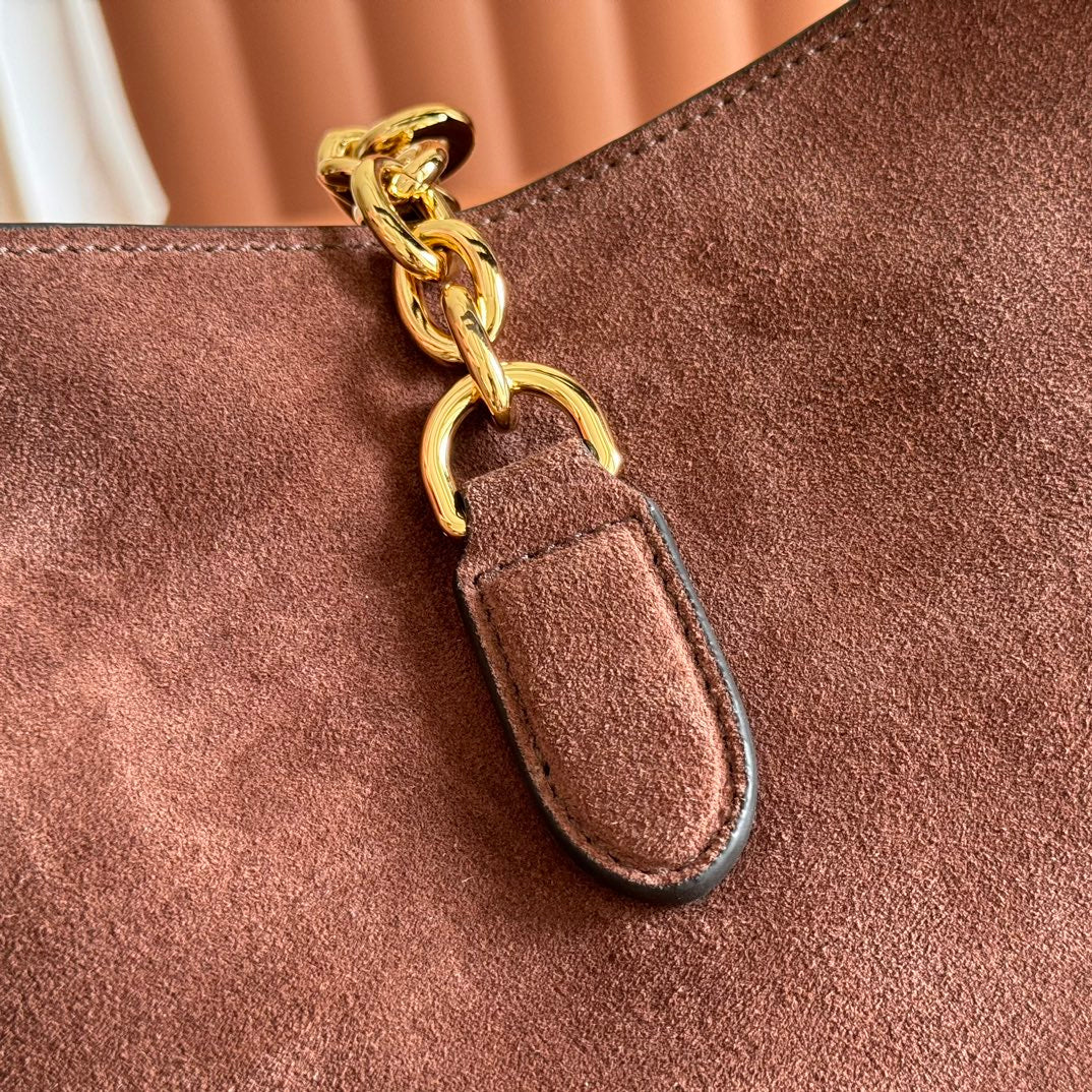 GUCCI 25S HANDBAG 46 CM IN DARK CACAO BROWN SUEDE WITH GOLD HARDWARE
