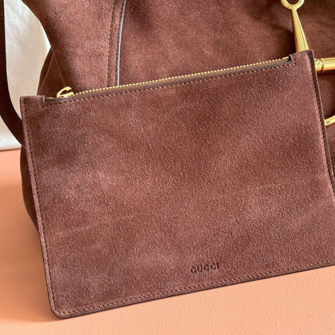 GUCCI 25S HANDBAG 46 CM IN DARK CACAO BROWN SUEDE WITH GOLD HARDWARE