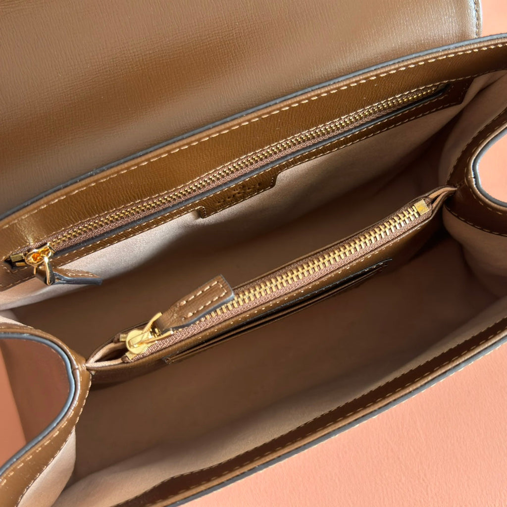 GUCCI 25S HORSEBIT 1955 MEDIUM SHOULDER BAG 22 CM IN BROWN CALFSKIN WITH GOLD HARDWARE