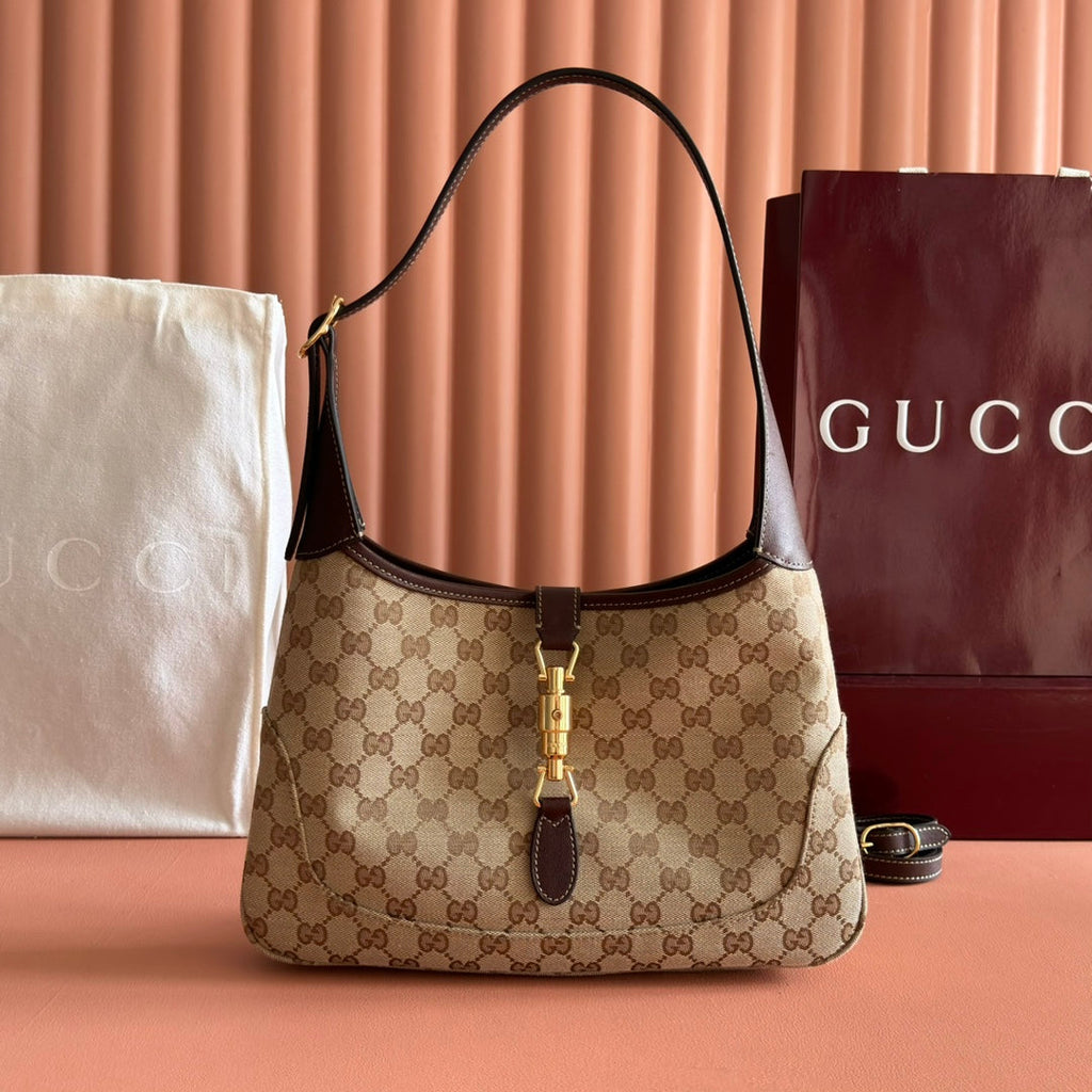 GUCCI 25S JACKIE MONOGRAM 28 CM IN LIGHT BROWN CANVAS AND CALFSKIN