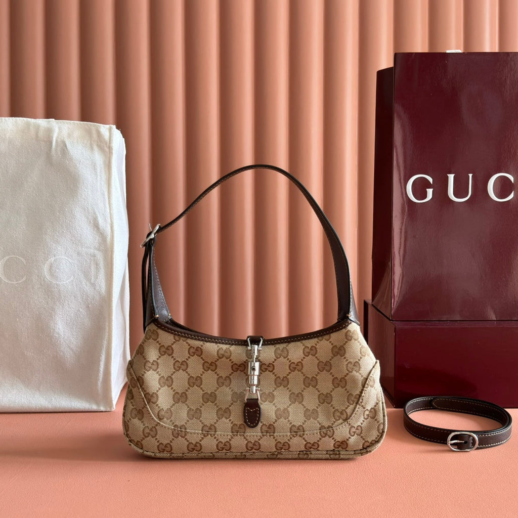 GUCCI 25S JACKIE MONOGRAM 27 CM IN LIGHT BROWN CANVAS AND CALFSKIN