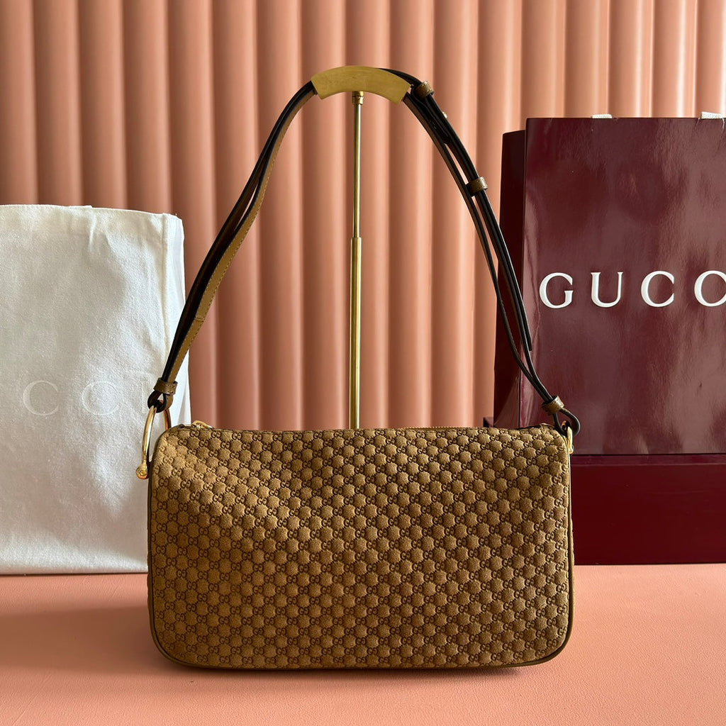 GUCCI 26S SHOULDER BAG 31 IN BROWN EMBOSSED SUEDE