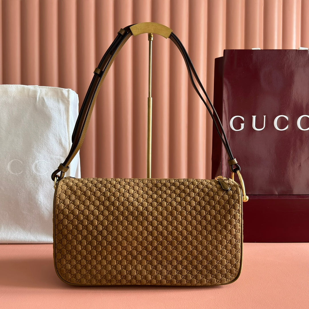 GUCCI 26S SHOULDER BAG 31 IN BROWN EMBOSSED SUEDE