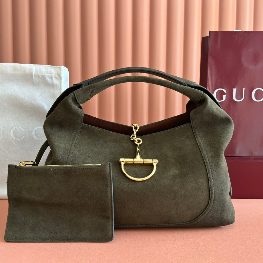 GUCCI 26S SOFTBIT SHOULDER BAG 46 IN DARK OLIVE GREEN SUEDE