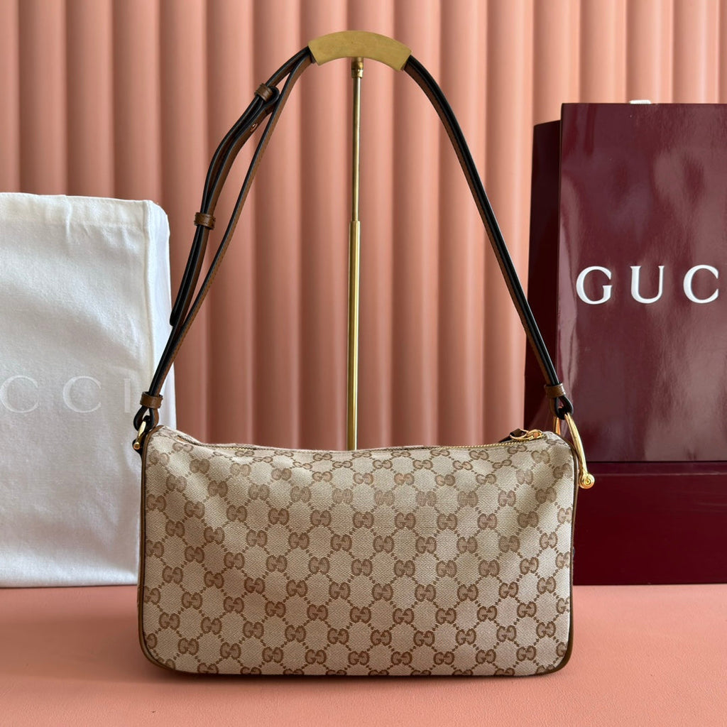GUCCI 26S SHOULDER BAG 31 IN WARM BEIGE AND BROWN CANVAS