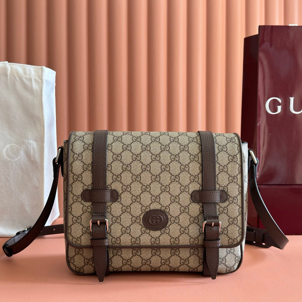 GUCCI 26S MESSENGER CROSSBODY BAG 28 IN DARK BEIGE AND BROWN CANVAS