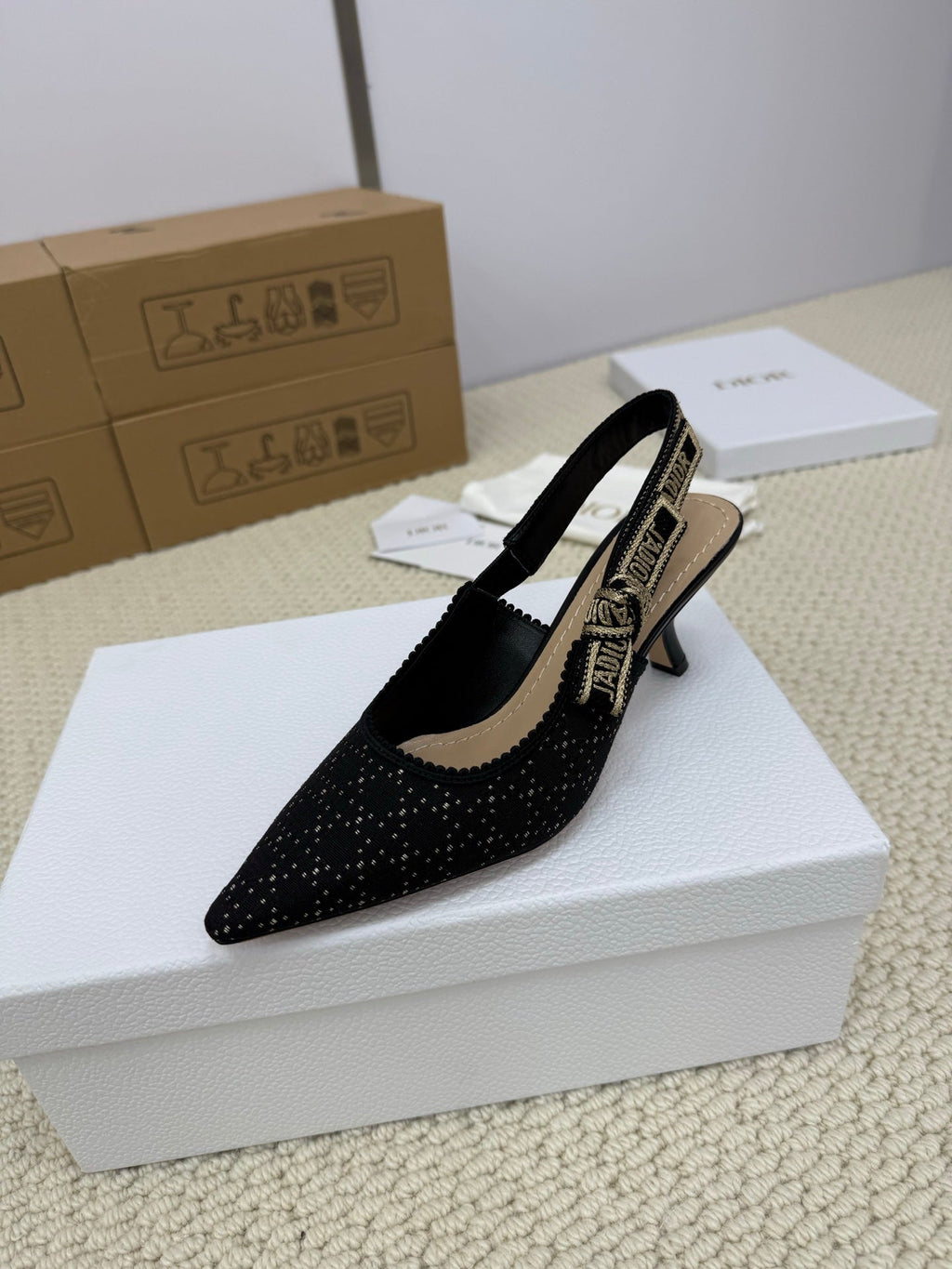 DIOR HIGH SLINGBACK 65 MM 25S IN BLACK FABRIC AND BRAND NAME EMBROIDERY