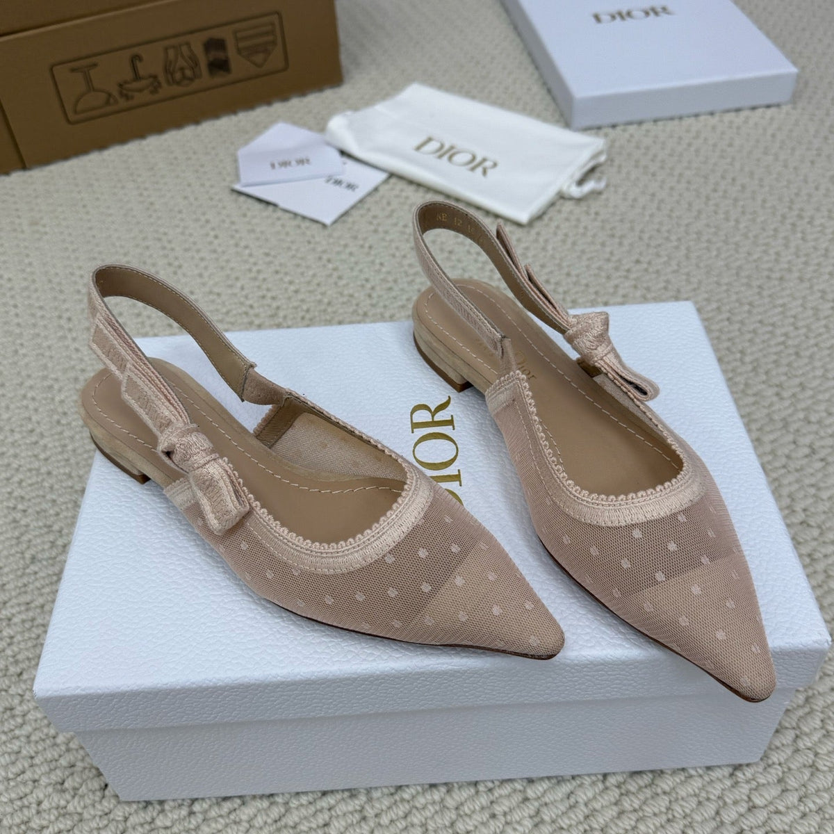 DIOR FLAT SLINGBACK 25S IN NUDE LACE NET FABRIC AND SUEDE