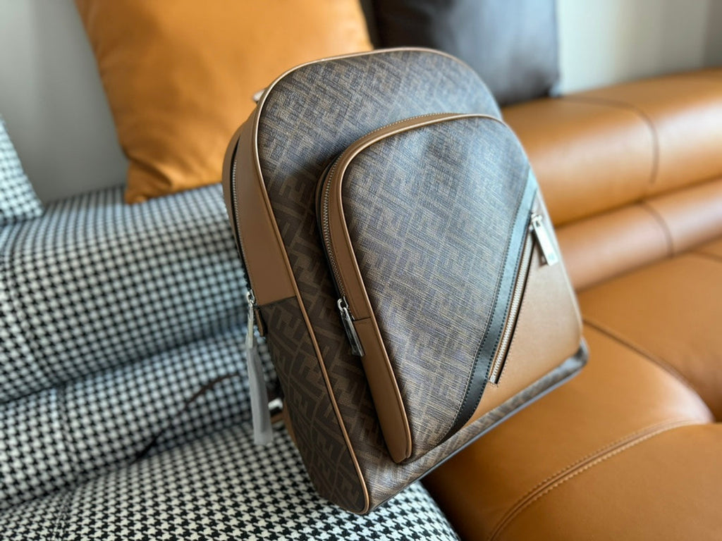 FENDI 44 MINI BACKPACK IN CAMEL BROWN MONOGRAM JACQUARD FABRIC AND CALFSKIN