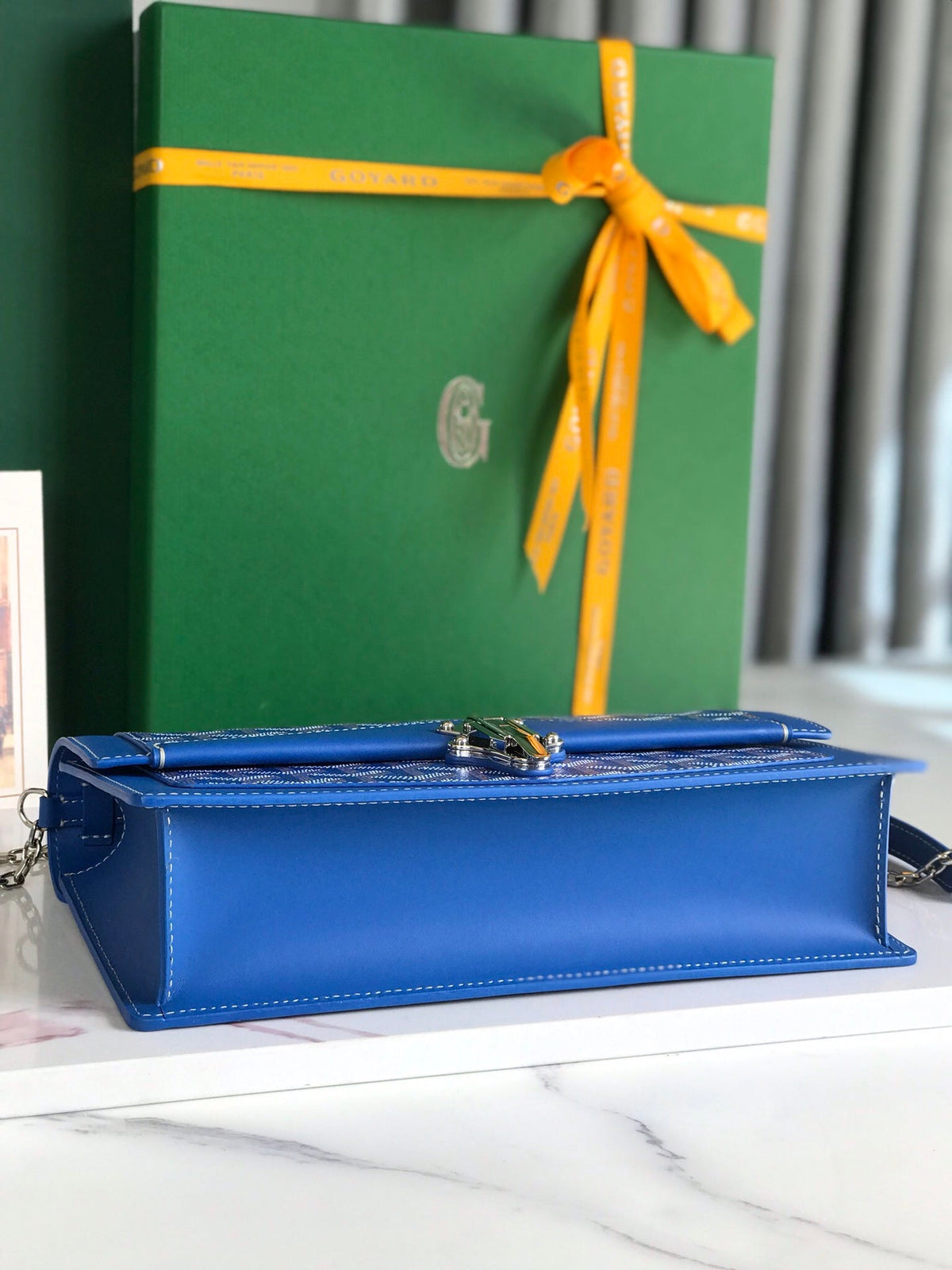 DUCHESSE MARIE-CAROLINE BAG 25 IN SAPPHIRE BLUE GOYARDINE CANVAS AND SMOOTH CALFSKIN