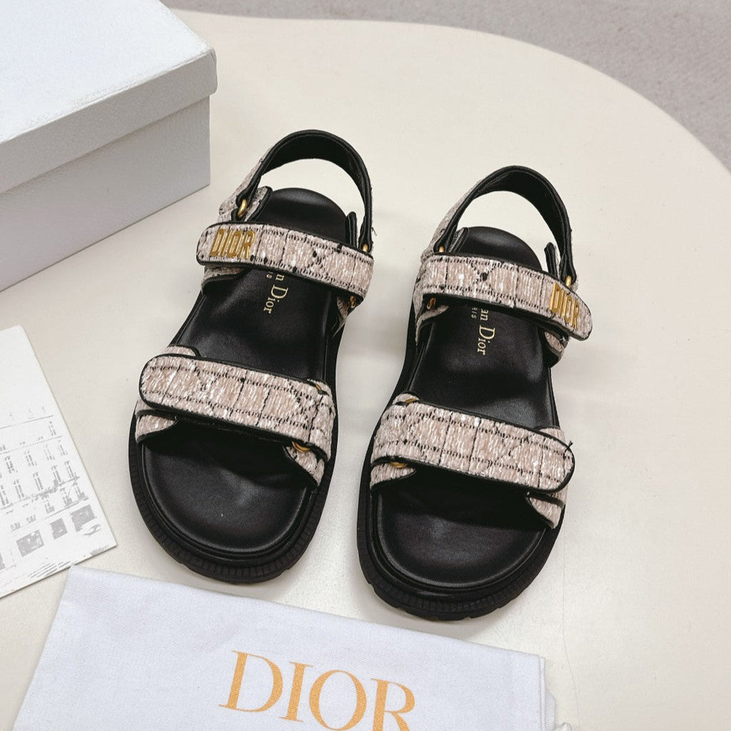 DIOR BACK-STRAP SANDALS 25S IN SOFT ROSE BEIGE TWEED AND BLACK CALFSKIN