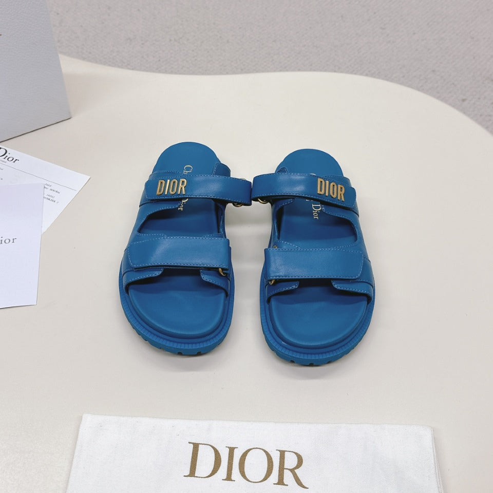 DIOR CLASSIC DOUBLE-STRAP SLIDES 25S IN OCEAN BLUE CALFSKIN