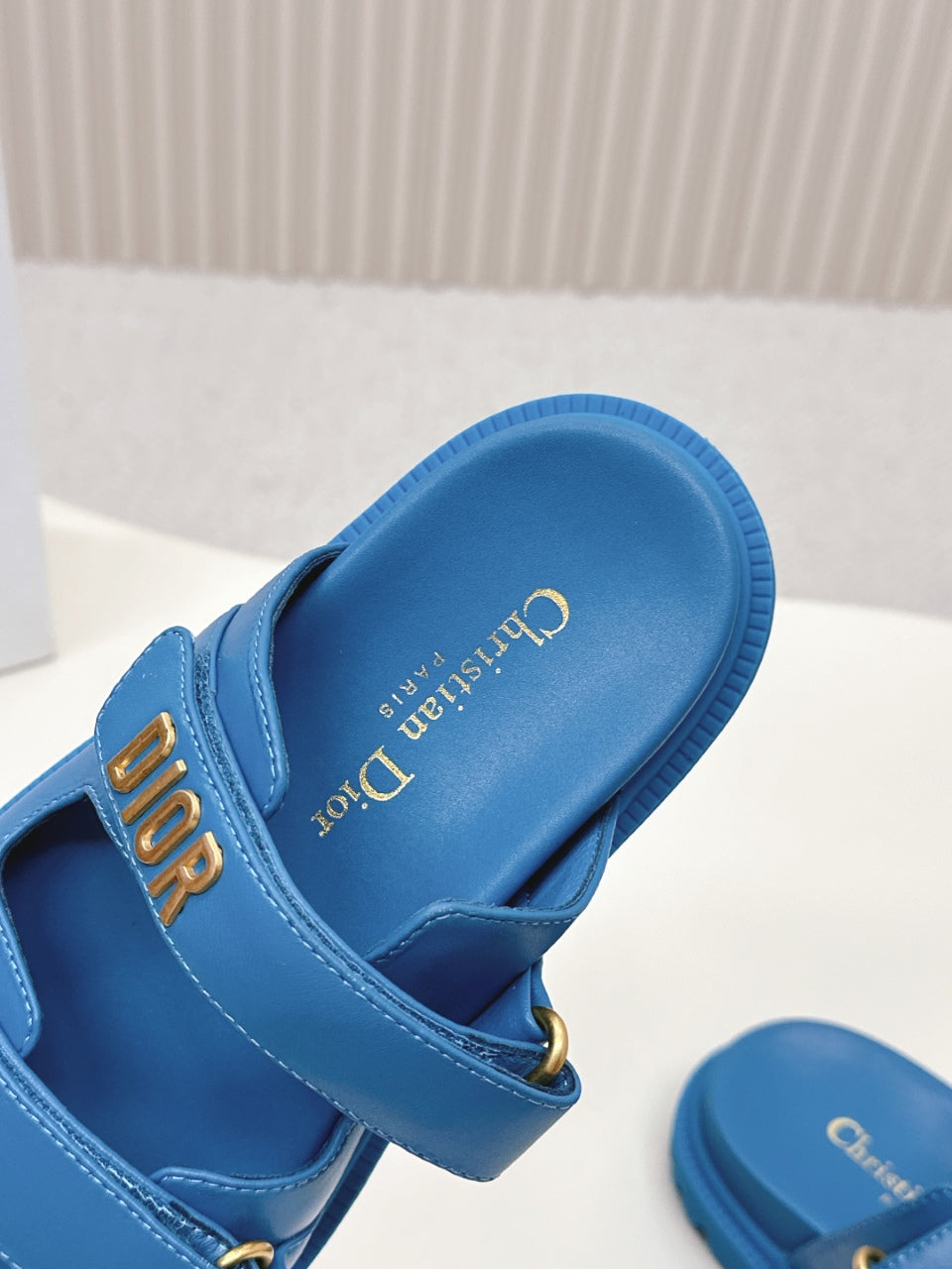 DIOR CLASSIC DOUBLE-STRAP SLIDES 25S IN OCEAN BLUE CALFSKIN