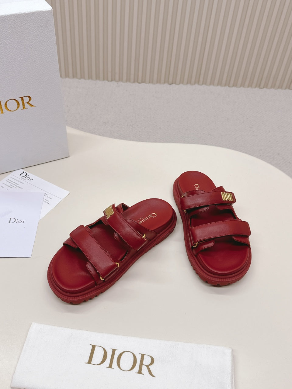 DIOR CLASSIC DOUBLE-STRAP SLIDES 25S IN DARK RED CALFSKIN