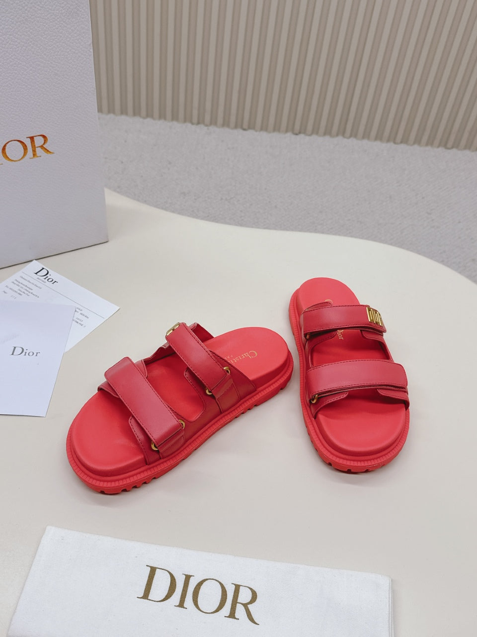 DIOR CLASSIC DOUBLE-STRAP SLIDES 25S IN STRAWBERRY PINK CALFSKIN