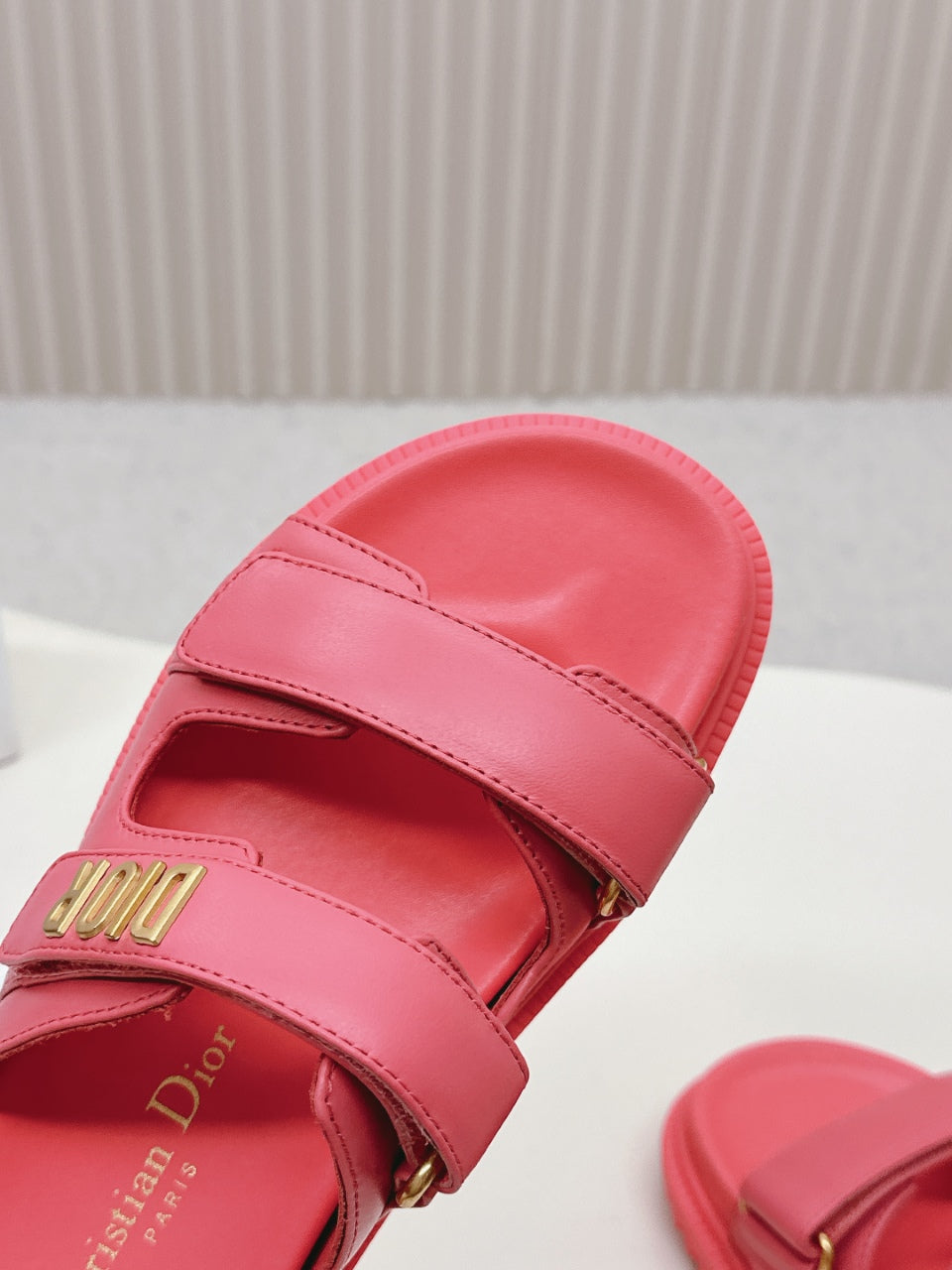 DIOR CLASSIC DOUBLE-STRAP SLIDES 25S IN STRAWBERRY PINK CALFSKIN