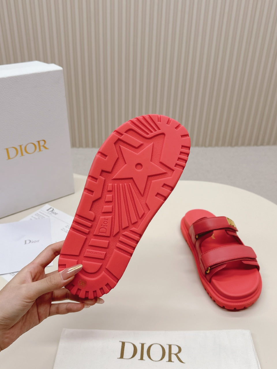 DIOR CLASSIC DOUBLE-STRAP SLIDES 25S IN STRAWBERRY PINK CALFSKIN