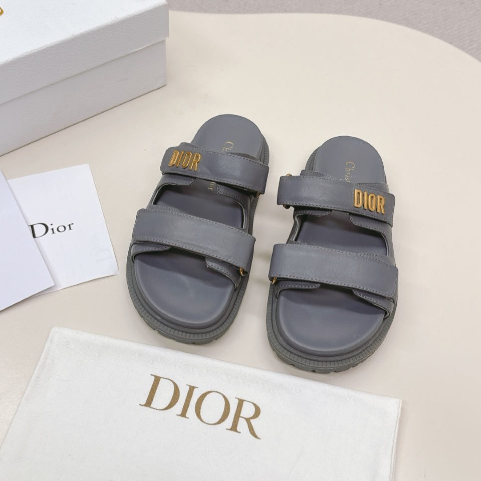 DIOR CLASSIC DOUBLE-STRAP SLIDES 25S IN ASH GRAY CALFSKIN