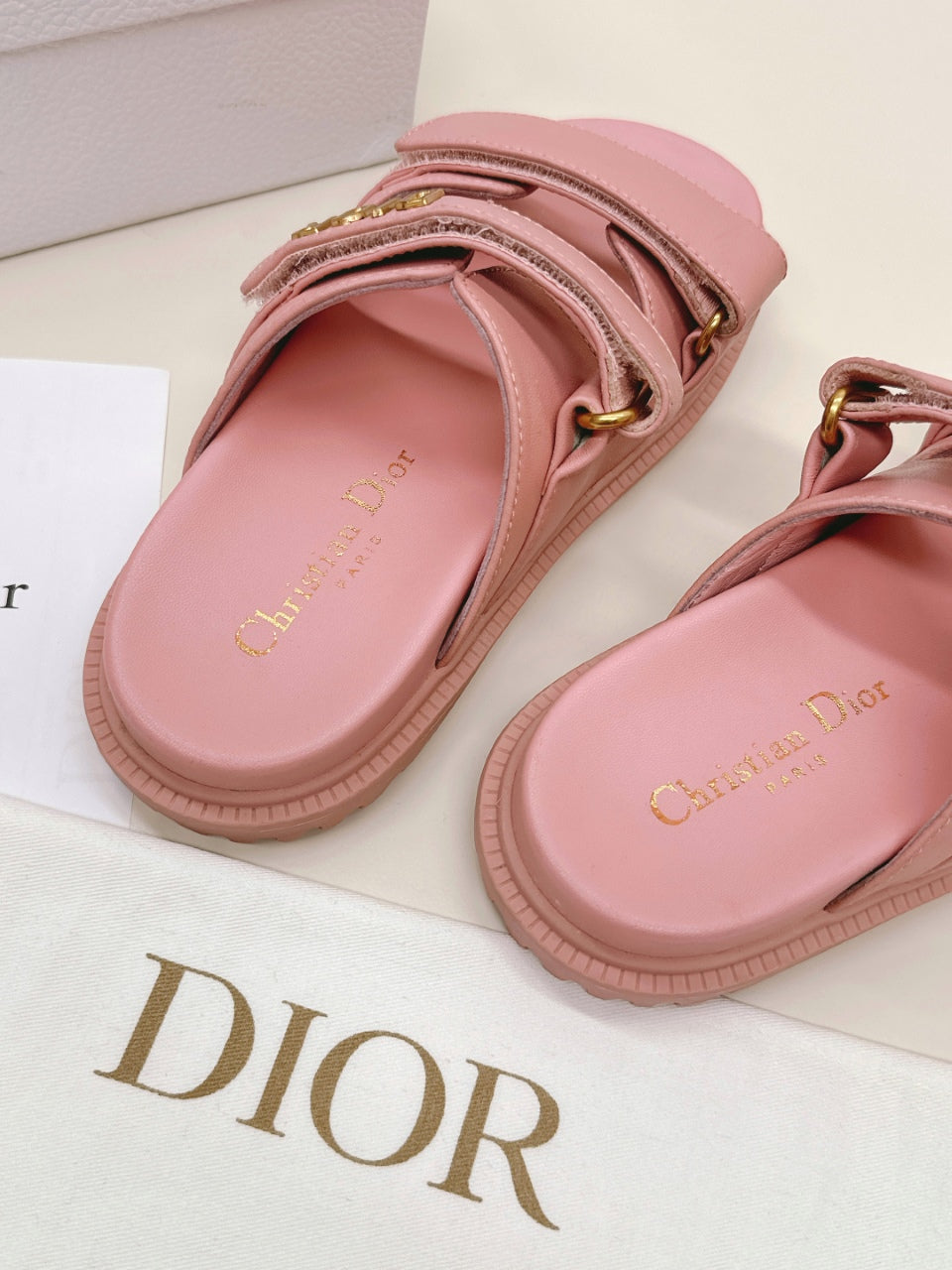 DIOR CLASSIC DOUBLE-STRAP SLIDES 25S IN PEACHY PINK CALFSKIN