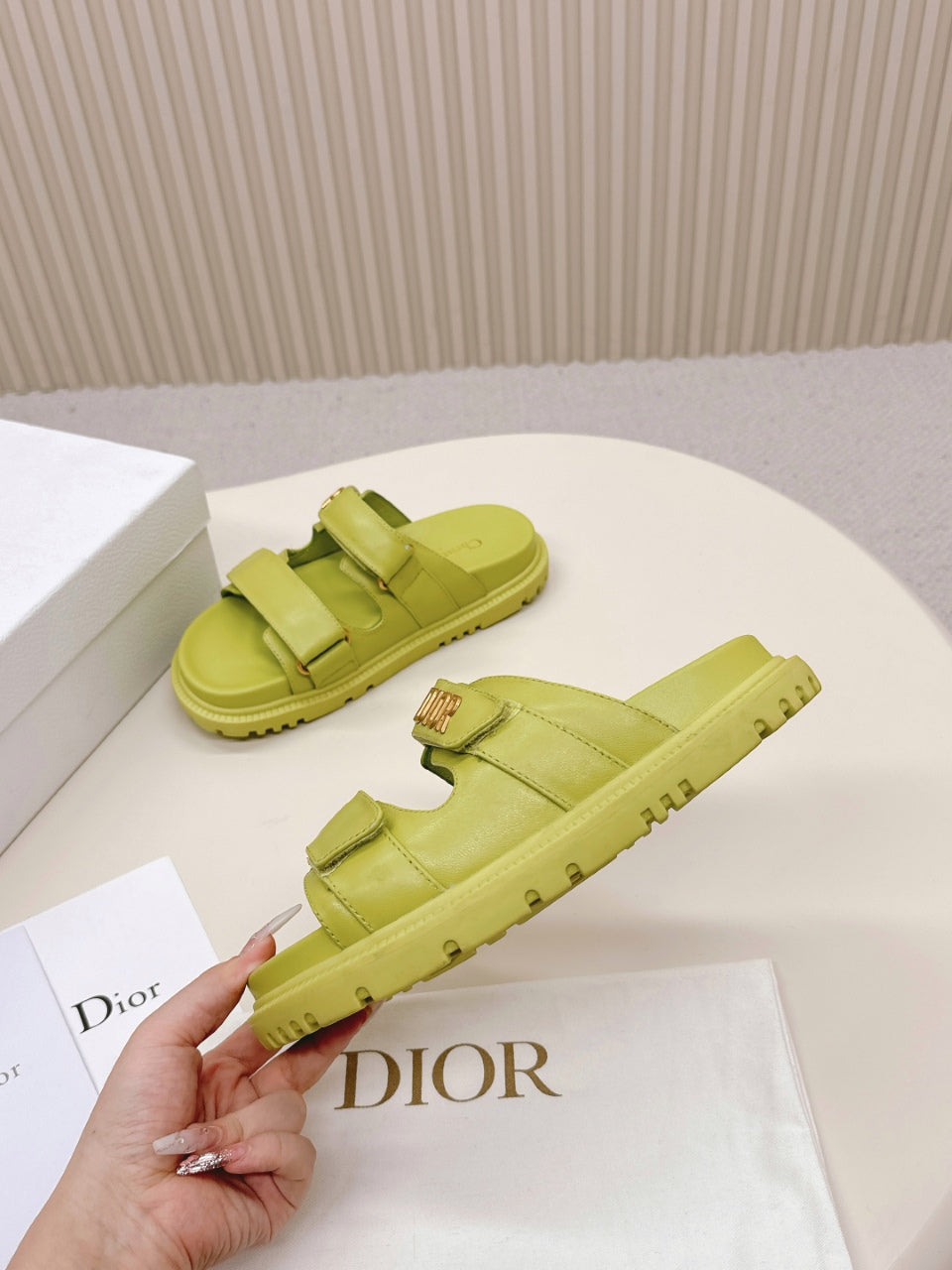 DIOR CLASSIC DOUBLE-STRAP SLIDES 25S IN OLIVE YELLOW CALFSKIN