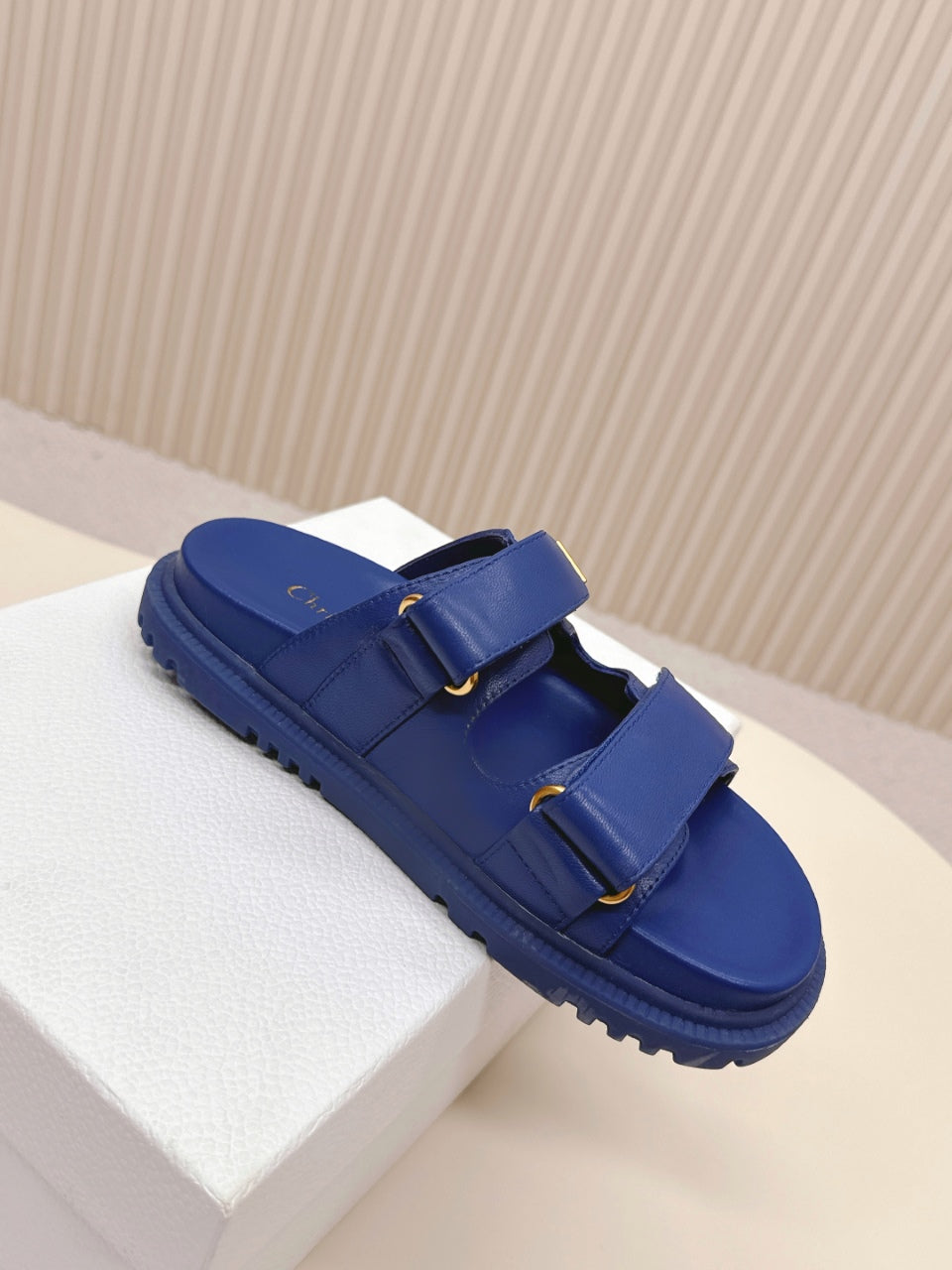 DIOR CLASSIC DOUBLE-STRAP SLIDES 25S IN NAVY BLUE CALFSKIN