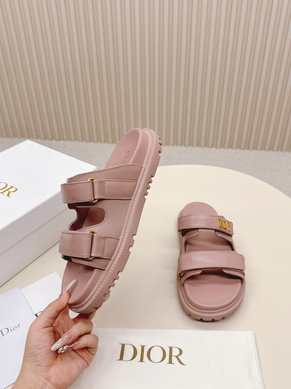 DIOR CLASSIC DOUBLE-STRAP SLIDES 25S IN BABY PINK CALFSKIN