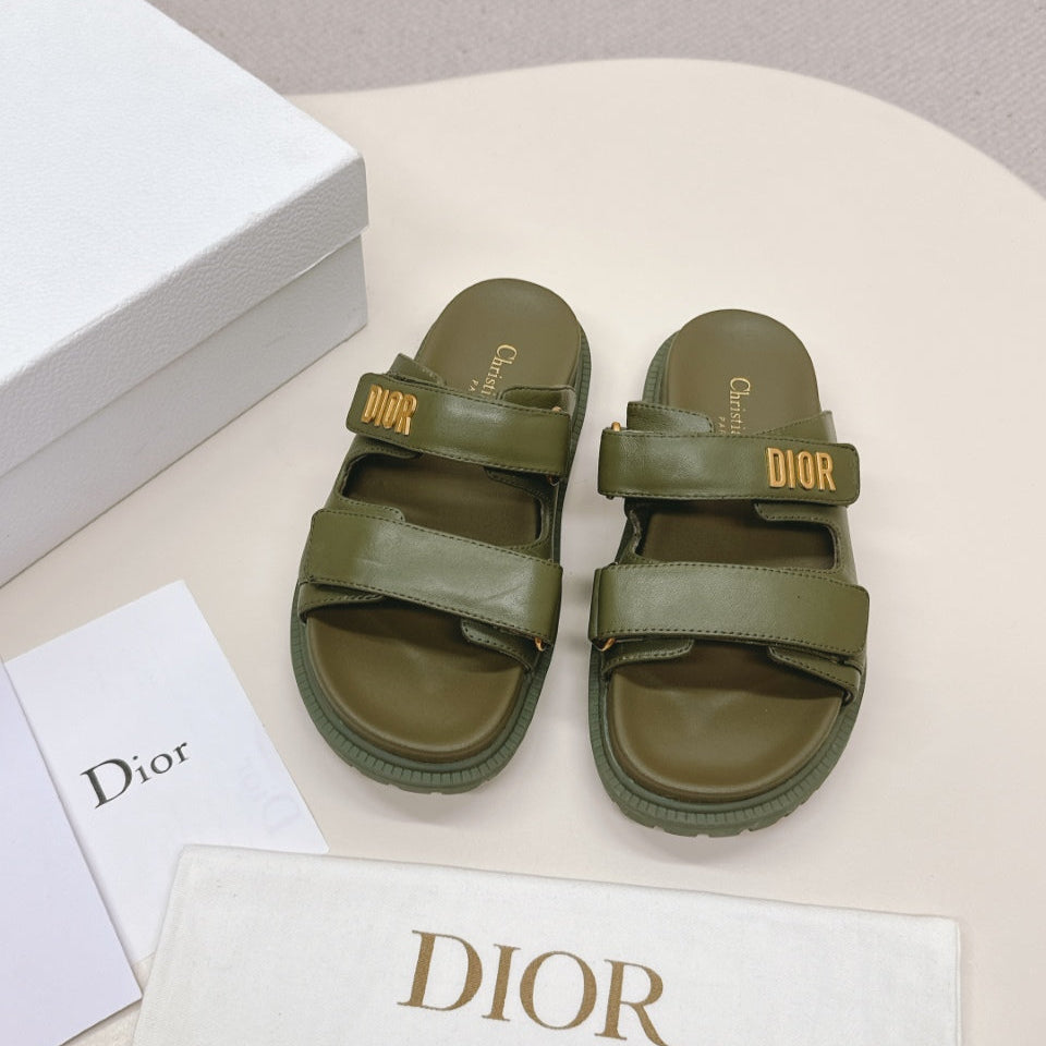 DIOR CLASSIC DOUBLE-STRAP SLIDES 25S IN MOSS GREEN CALFSKIN