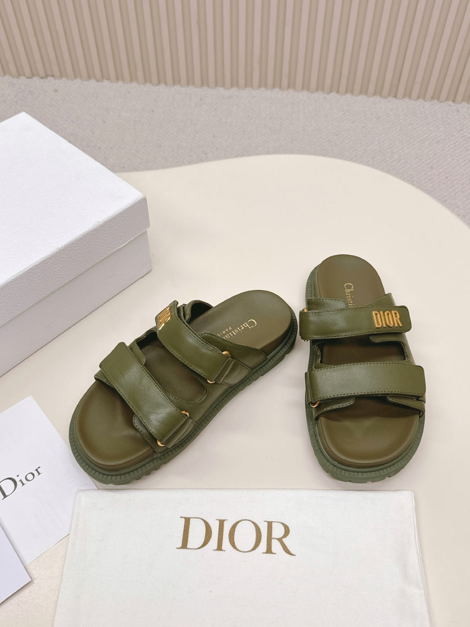 DIOR CLASSIC DOUBLE-STRAP SLIDES 25S IN MOSS GREEN CALFSKIN