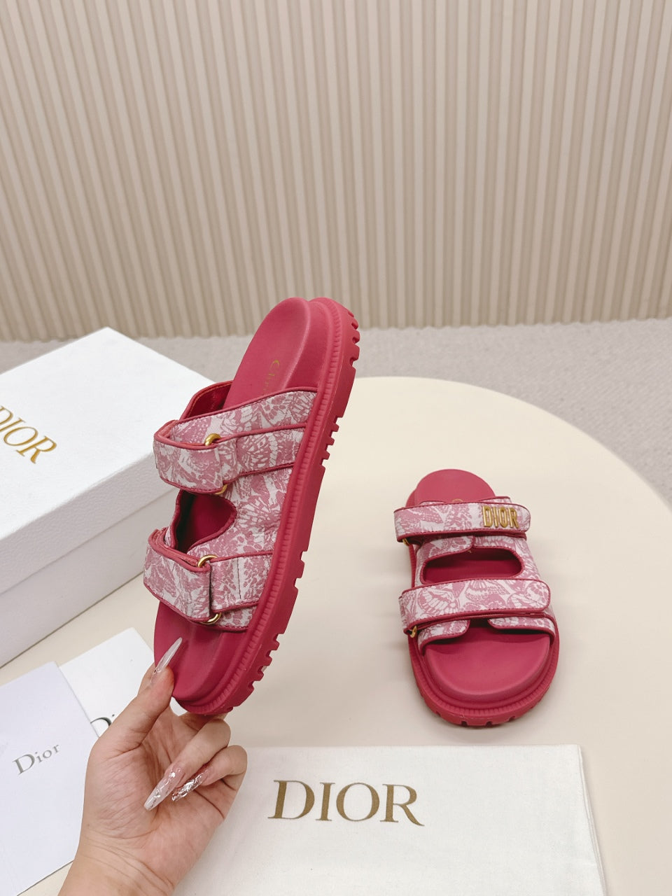 DIOR CLASSIC DOUBLE-STRAP SLIDES 25S IN DARK PINK FABRIC AND CALFSKIN