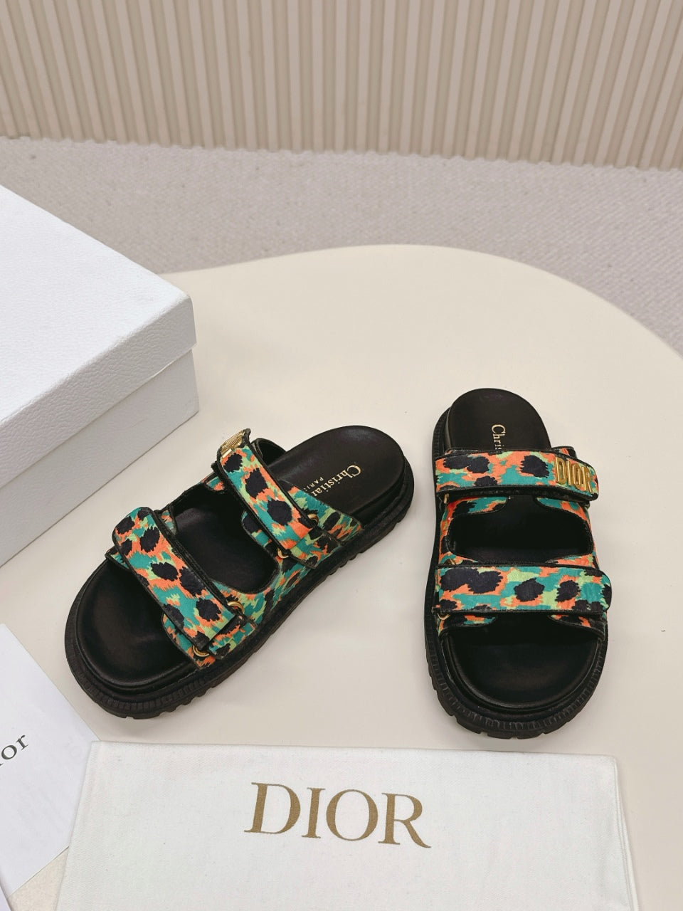 DIOR CLASSIC DOUBLE-STRAP SLIDES 25S IN MULTICOLOR FABRIC AND CALFSKIN