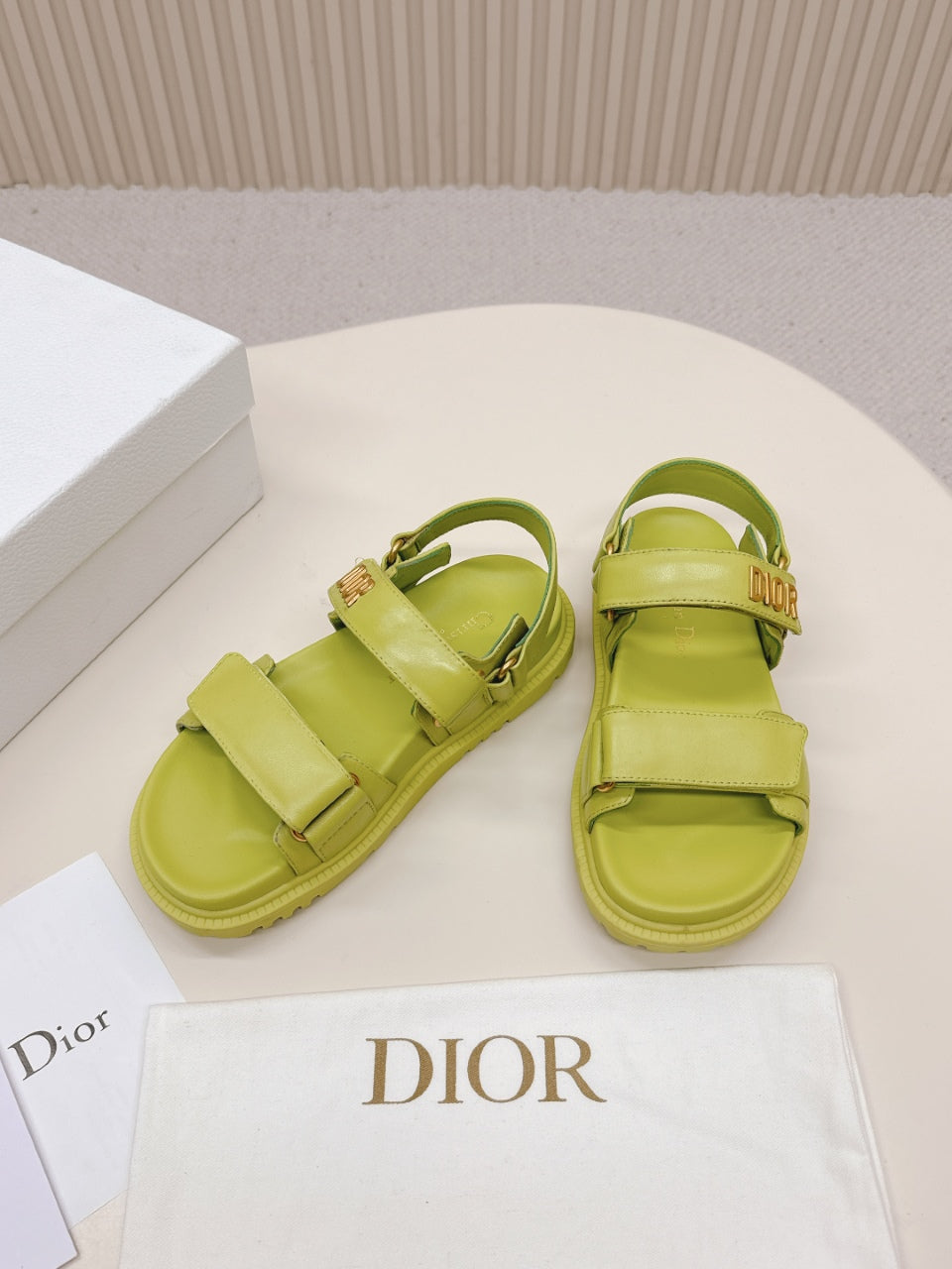 DIOR BACK-STRAP SANDALS 25S IN OLIVE YELLOW CALFSKIN WITH GOLD HARDWARE