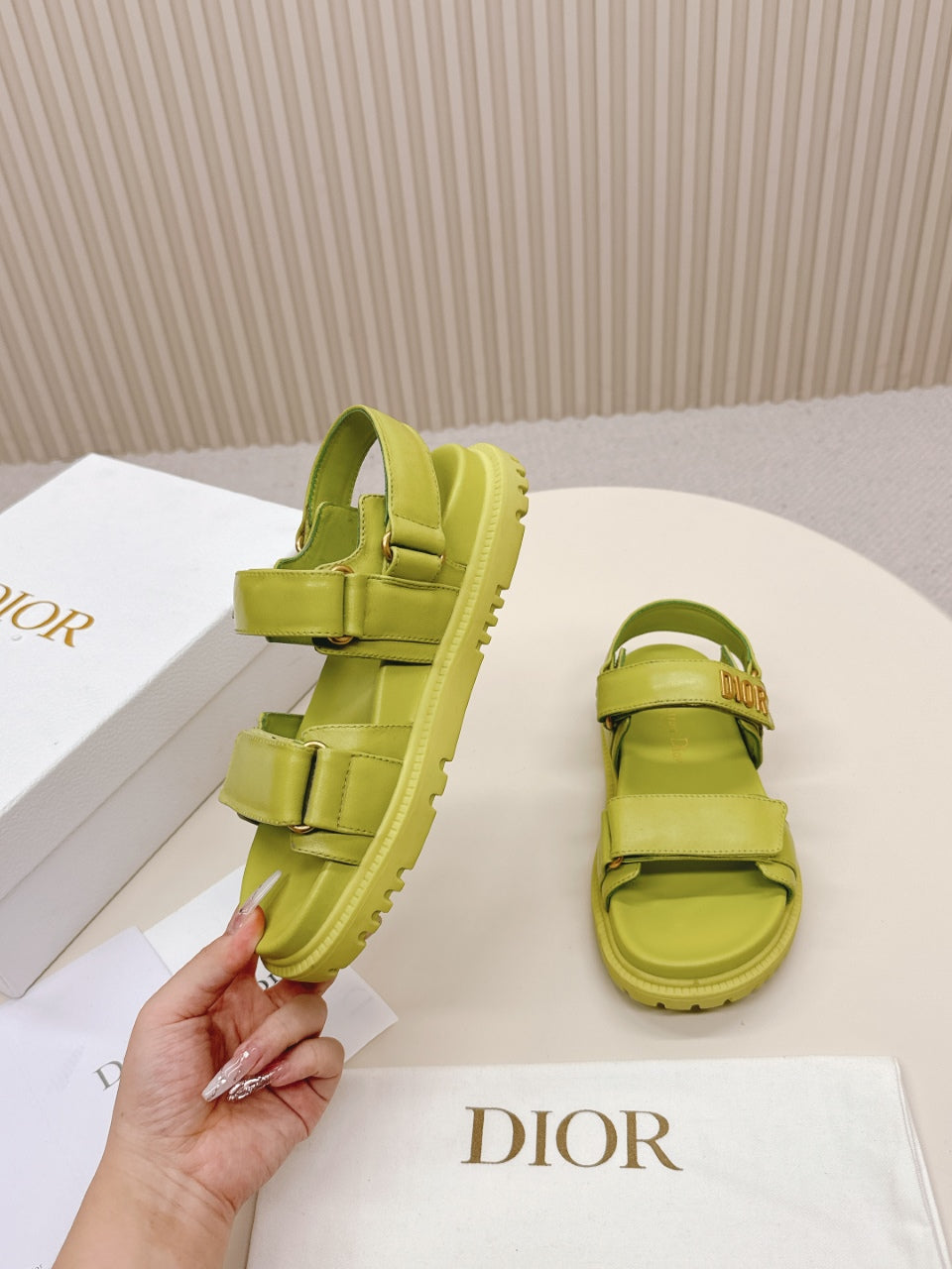 DIOR BACK-STRAP SANDALS 25S IN OLIVE YELLOW CALFSKIN WITH GOLD HARDWARE