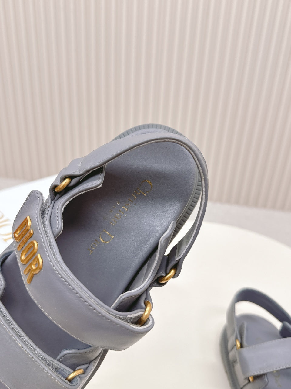 DIOR BACK-STRAP SANDALS 25S IN ASH GRAY CALFSKIN WITH GOLD HARDWARE