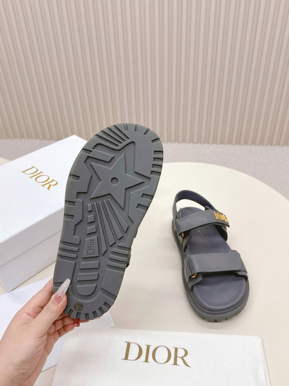 DIOR BACK-STRAP SANDALS 25S IN ASH GRAY CALFSKIN WITH GOLD HARDWARE