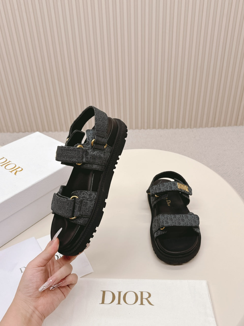 DIOR BACK-STRAP SANDALS 25S IN SLATE BLUE GRAY FABRIC AND BLACK CALFSKIN WITH GOLD HARDWARE