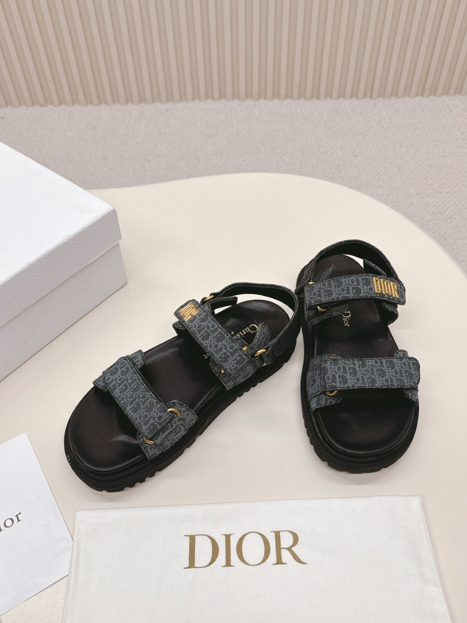 DIOR BACK-STRAP SANDALS 25S IN SLATE BLUE GRAY FABRIC AND BLACK CALFSKIN WITH GOLD HARDWARE