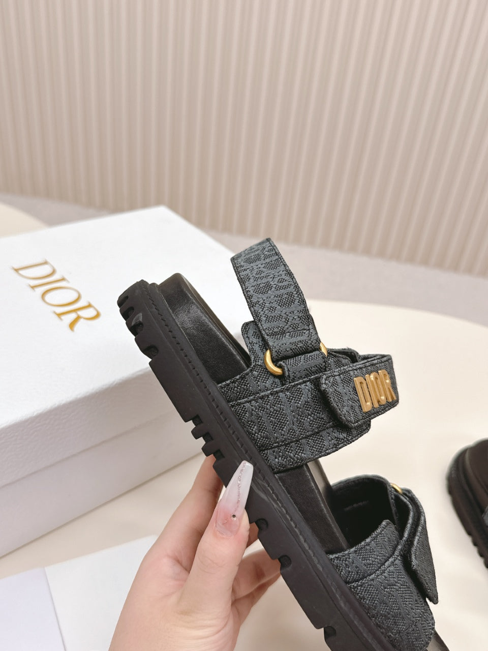 DIOR BACK-STRAP SANDALS 25S IN SLATE BLUE GRAY FABRIC AND BLACK CALFSKIN WITH GOLD HARDWARE