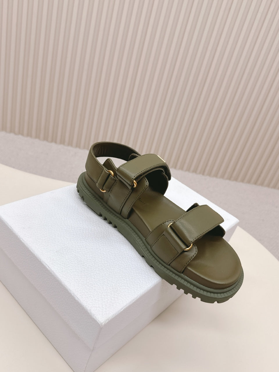 DIOR BACK-STRAP SANDALS 25S IN MOSS GREEN CALFSKIN WITH GOLD HARDWARE