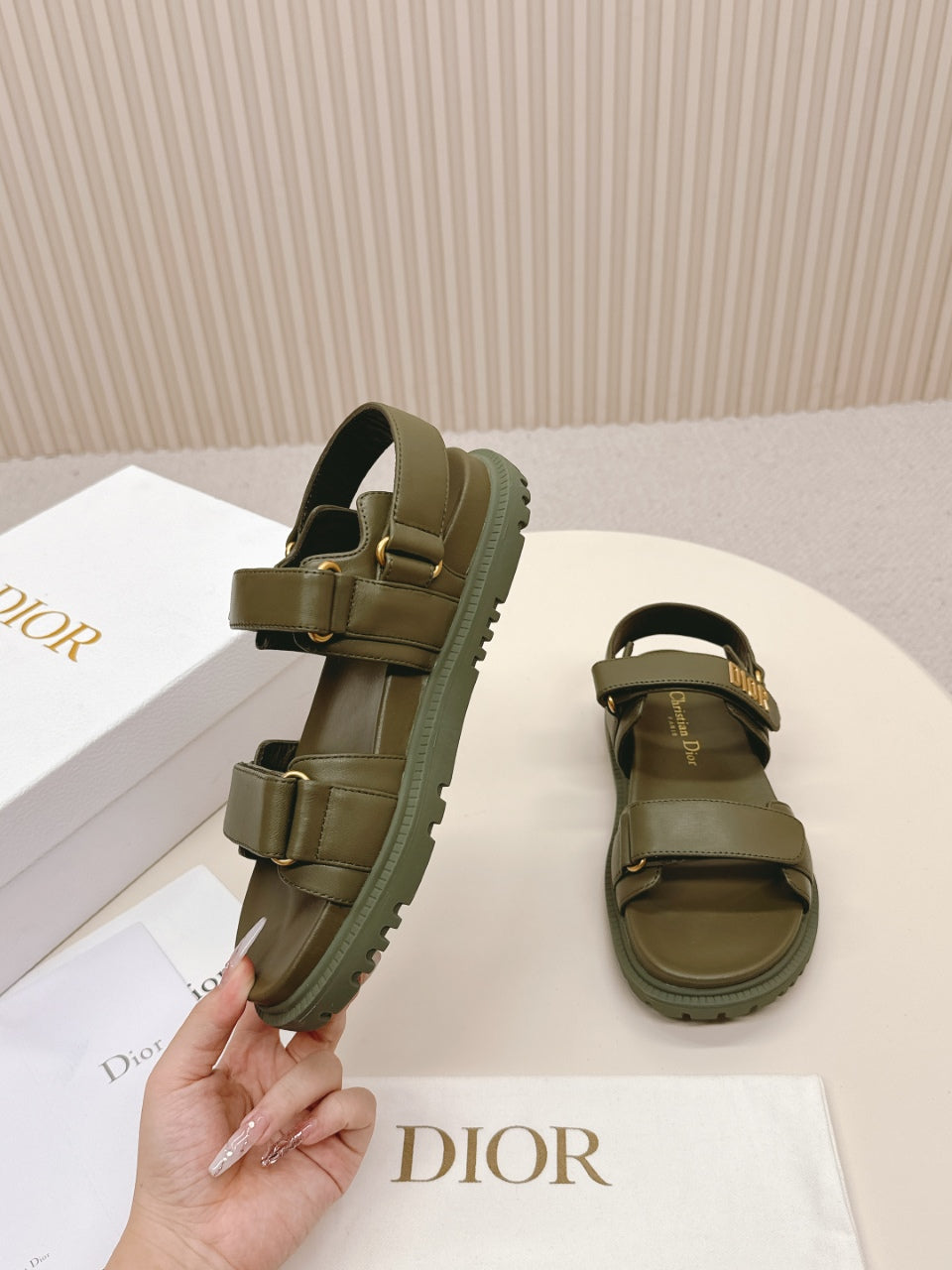DIOR BACK-STRAP SANDALS 25S IN MOSS GREEN CALFSKIN WITH GOLD HARDWARE