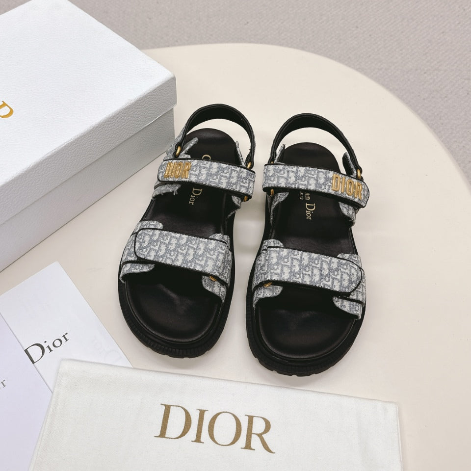 DIOR BACK-STRAP SANDALS 25S IN GREY FABRIC AND BLACK CALFSKIN WITH GOLD HARDWARE